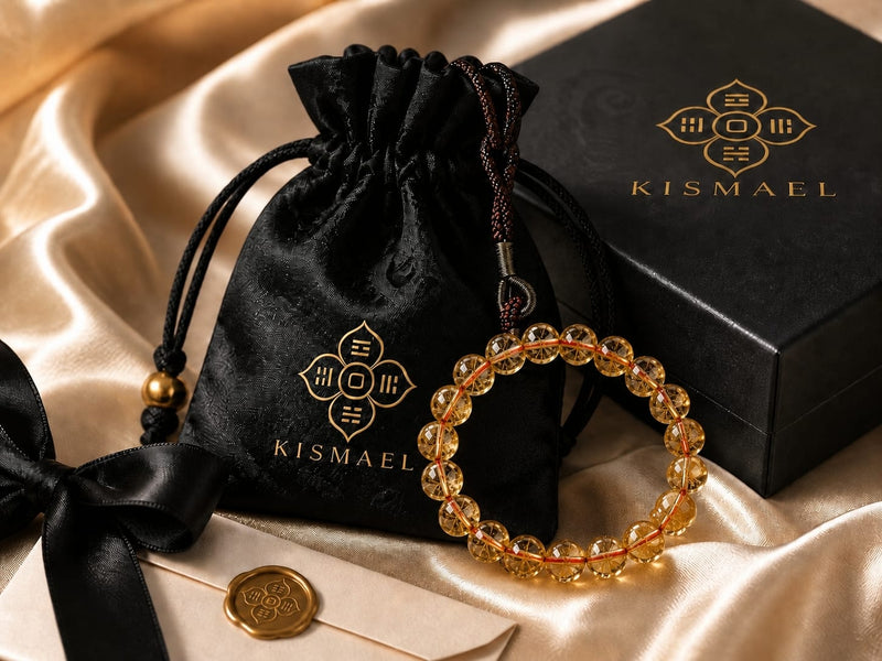 Yellow Citrine Abundance Bracelet displayed with black drawstring pouch, KISMAEL box, ribbon, and envelope on champagne satin, showing a full gift-ready setup for the bracelet.