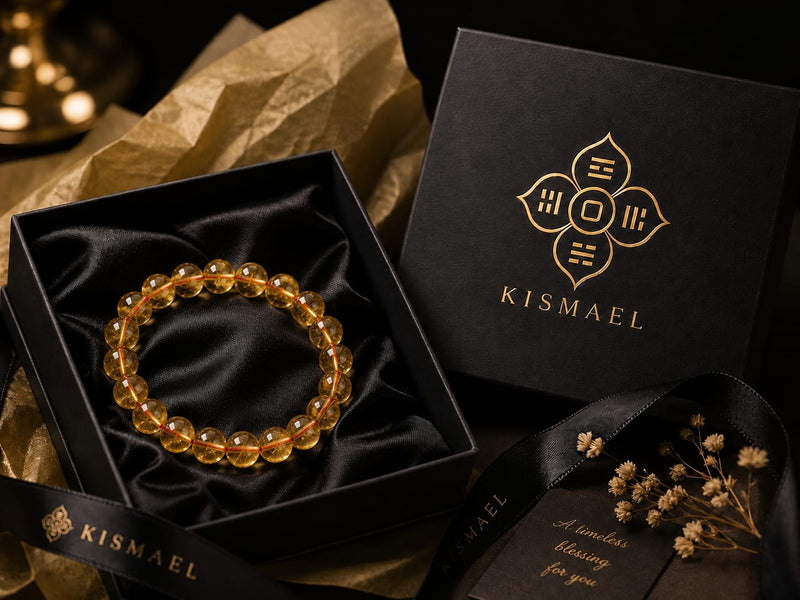 Yellow Citrine Abundance Bracelet placed inside a black KISMAEL box with satin lining, styled with gold-accented gift paper and dried flowers, highlighting a secure and premium presentation.