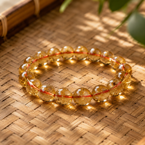 A Yellow Citrine Abundance Bracelet displayed on a woven natural mat, featuring polished golden-yellow crystal beads with a warm glow and visible inner thread.