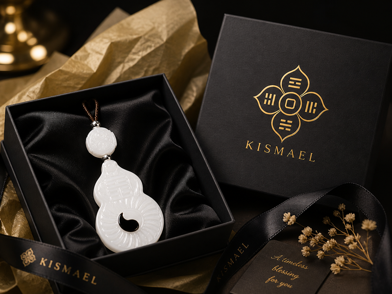 The Vermilion Bird pendant presented in a premium black gift box with gold foil KISMAEL logo, photographed in soft studio lighting for a gift-ready display.