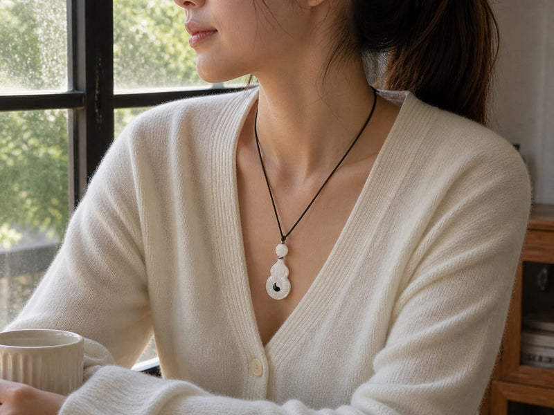 A woman wearing the Kismael Lifestyle shot of a person wearing the Vermilion Bird pendant, highlighting the pendant on the chest in natural indoor light